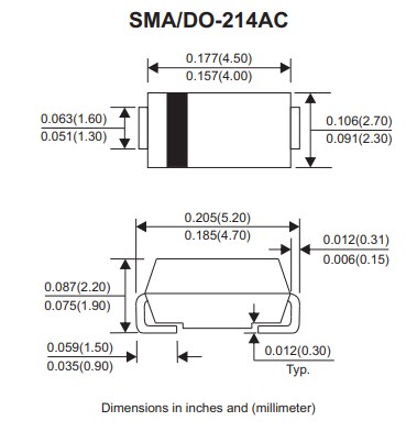 Mechanical Drawing - Comchip Technology RS2x-HF SMD Fast Recovery Rectifiers